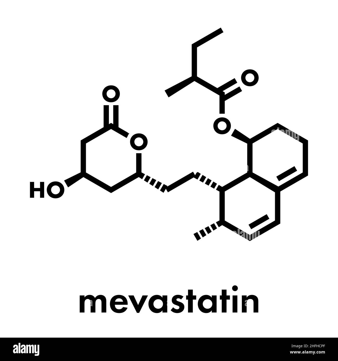 Mevastatin hypercholesterolemia drug molecule. Skeletal formula. Stock Vector