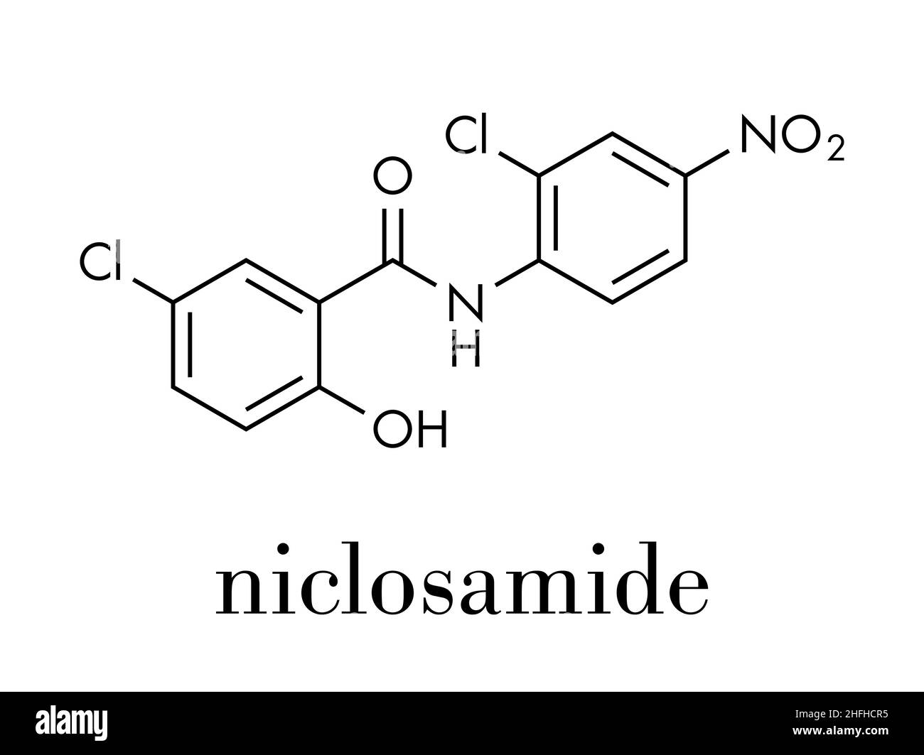 Niclosamide ethanolamine tapeworm drug molecule (anthelmintic). May be useful as antidiabetic drug, acting as a mitochondrial uncoupler. Skeletal form Stock Vector