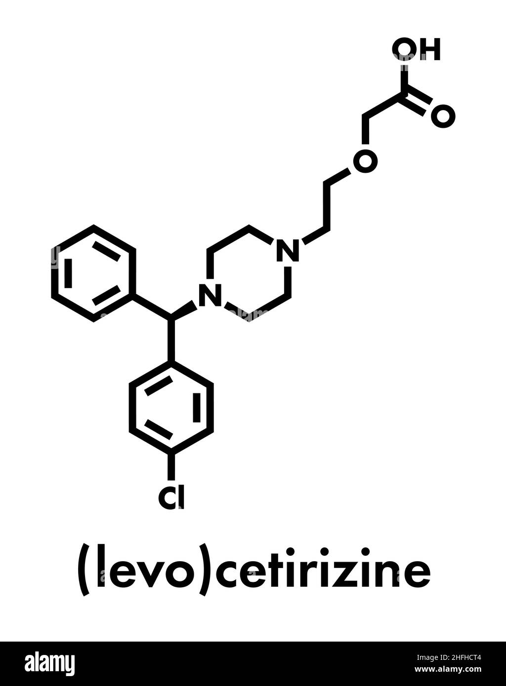 Cetirizine (levocetirizine) antihistamine drug molecule. Used to treat hay fever, urticaria and allergies. Skeletal formula. Stock Vector