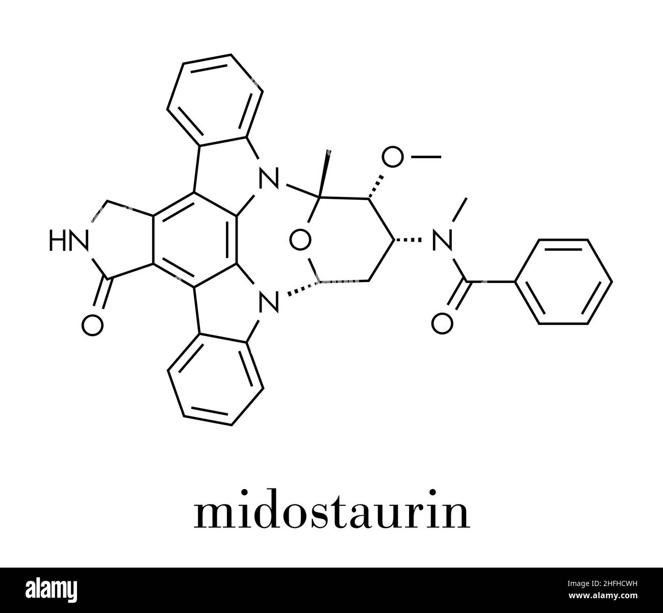 Midostaurin cancer drug molecule (protein kinase inhibitor). Skeletal formula. Stock Vector
