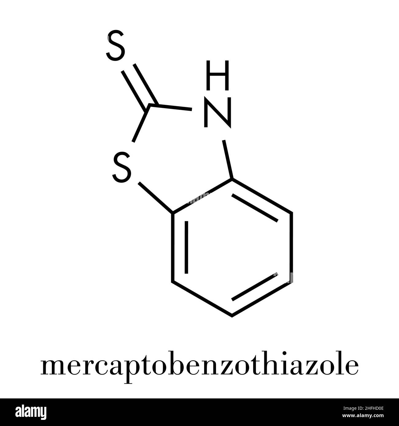 Mercaptobenzothiazole (MBT) skin sensitizer molecule. Used as rubber vulcanising agent. Skeletal formula. Stock Vector