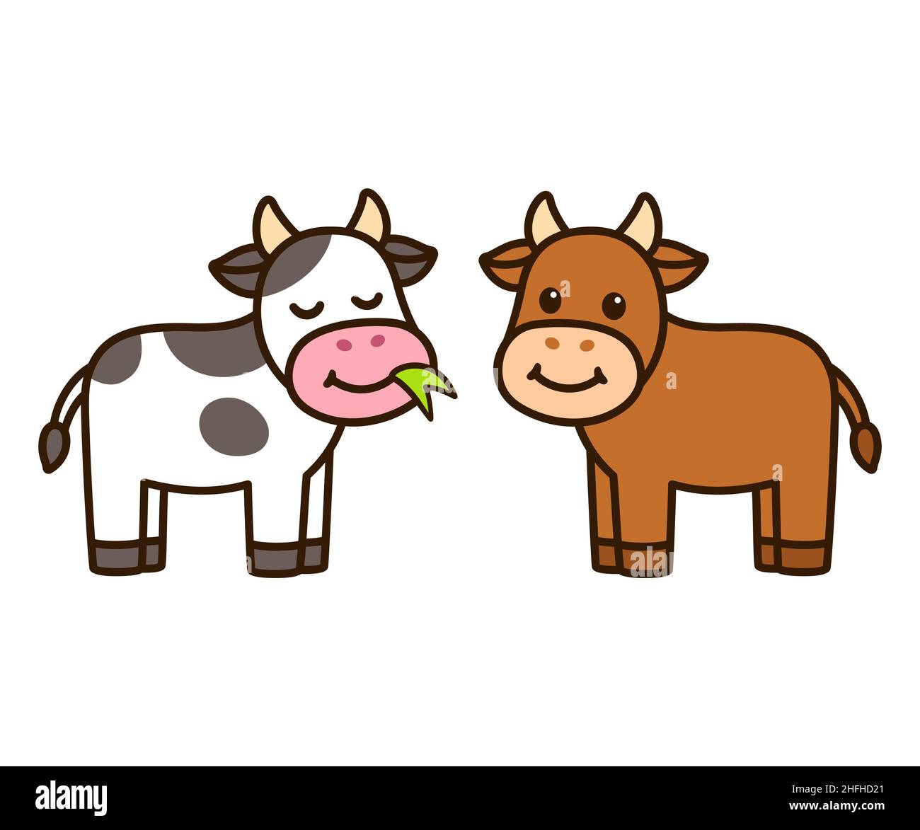 Two cute cartoon cows, brown and white spotted. Kawaii little calf, simple drawing. Vector clip art illustration. Stock Vector