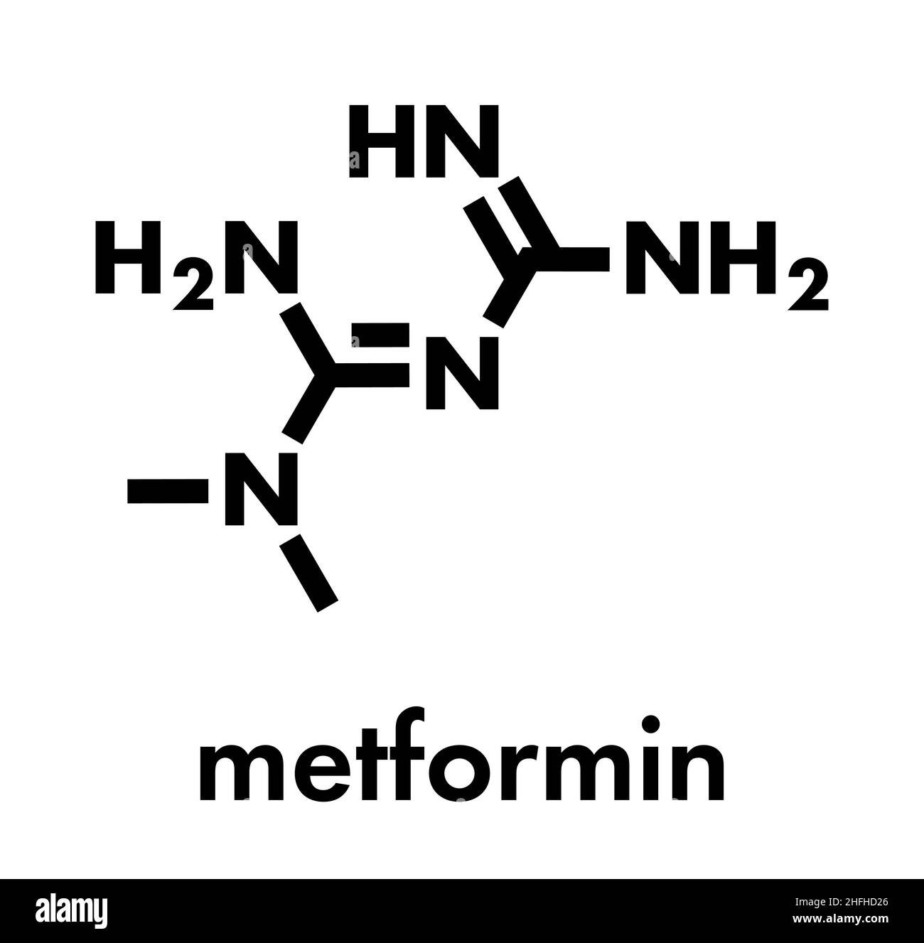 Metformin diabetes drug (biguanide class) molecule. Skeletal formula ...