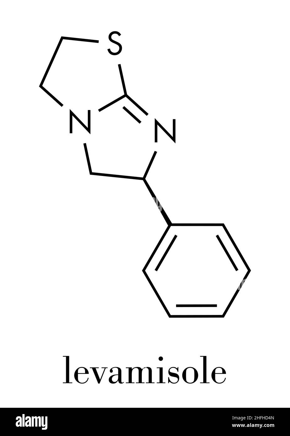 Levamisole antihelmintic drug molecule. levorotary isomer of tetramisole. Skeletal formula. Stock Vector