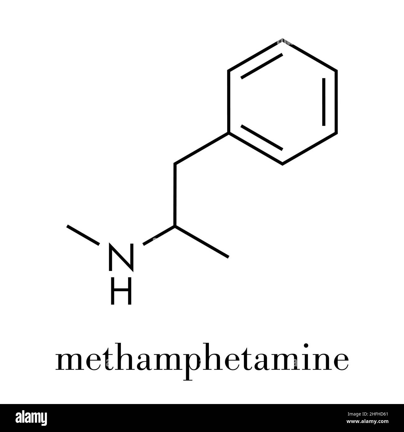 Methamphetamine (crystal meth, methamfetamine) stimulant drug molecule. Skeletal formula. Stock Vector