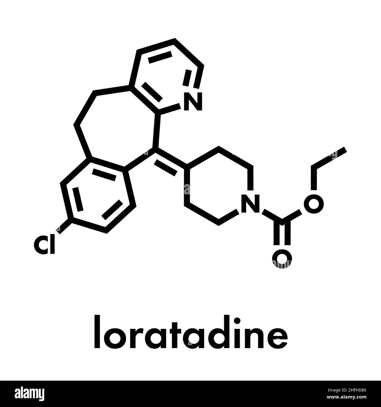 Loratadine antihistamine drug molecule. Used to treat hay fever, urticaria and allergies. Skeletal formula. Stock Vector