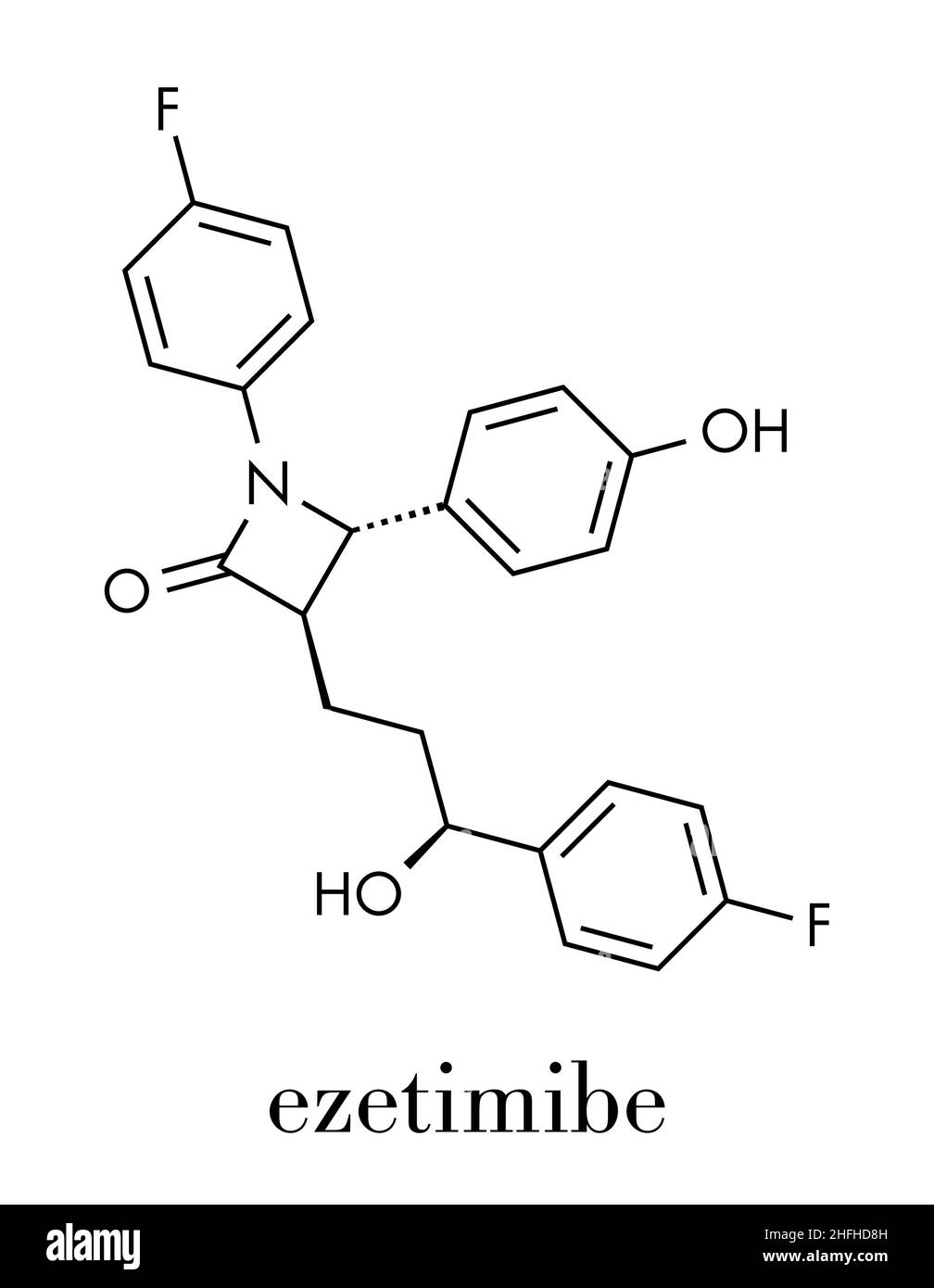 Ezetimibe cholesterol-lowering drug molecule. Skeletal formula. Stock Vector