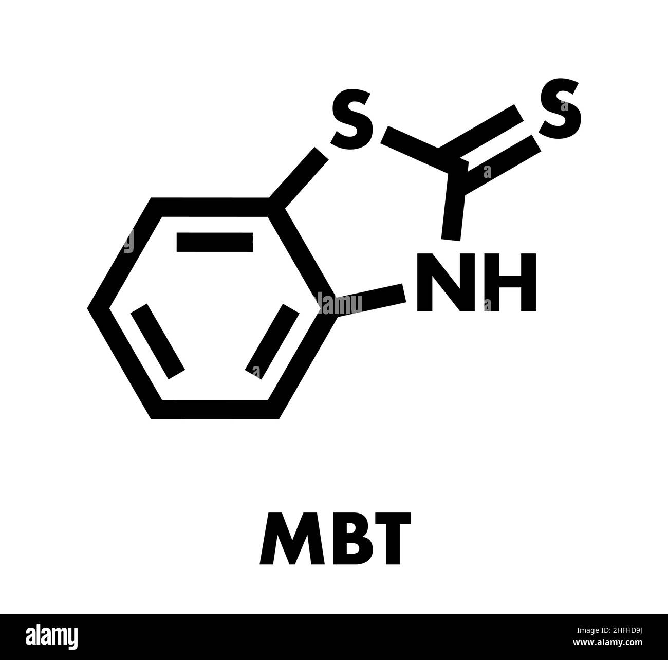 Mercaptobenzothiazole (MBT) skin sensitizer molecule. Used as rubber vulcanising agent. Skeletal formula. Stock Vector