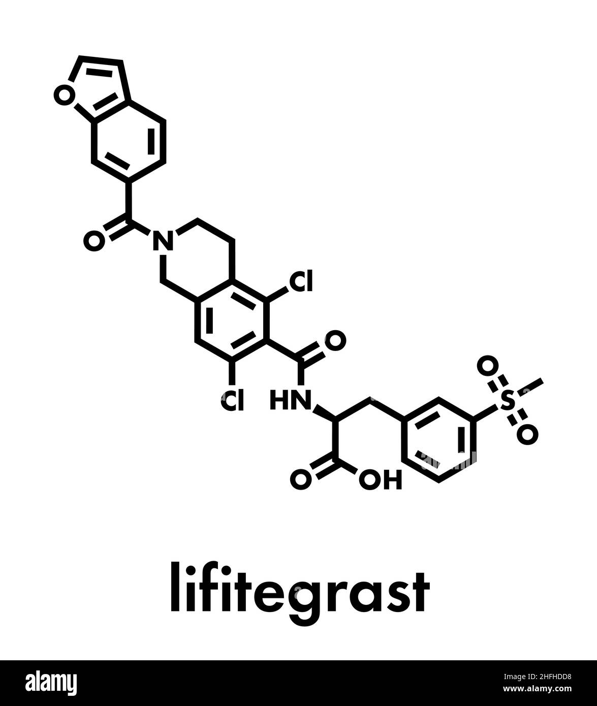 Lifitegrast drug molecule. Used in the treatment of keratoconjunctivitis sicca. Skeletal formula. Stock Vector