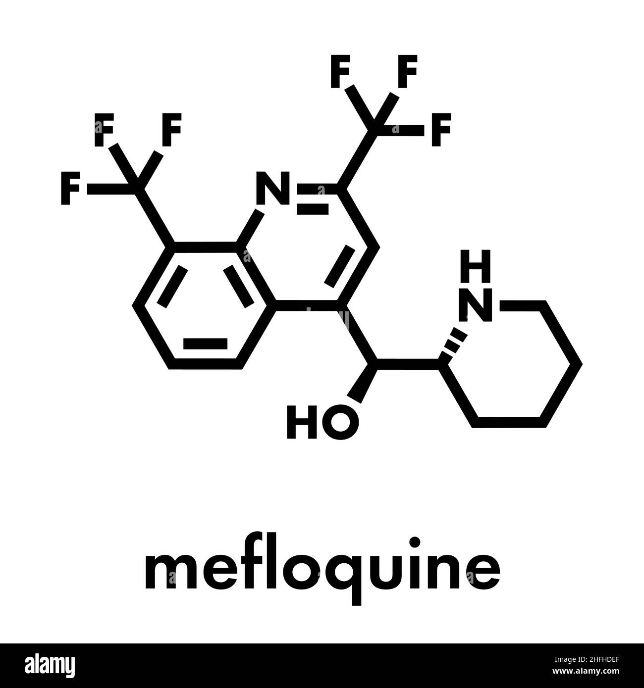 Mefloquine malaria drug molecule. Skeletal formula. Stock Vector