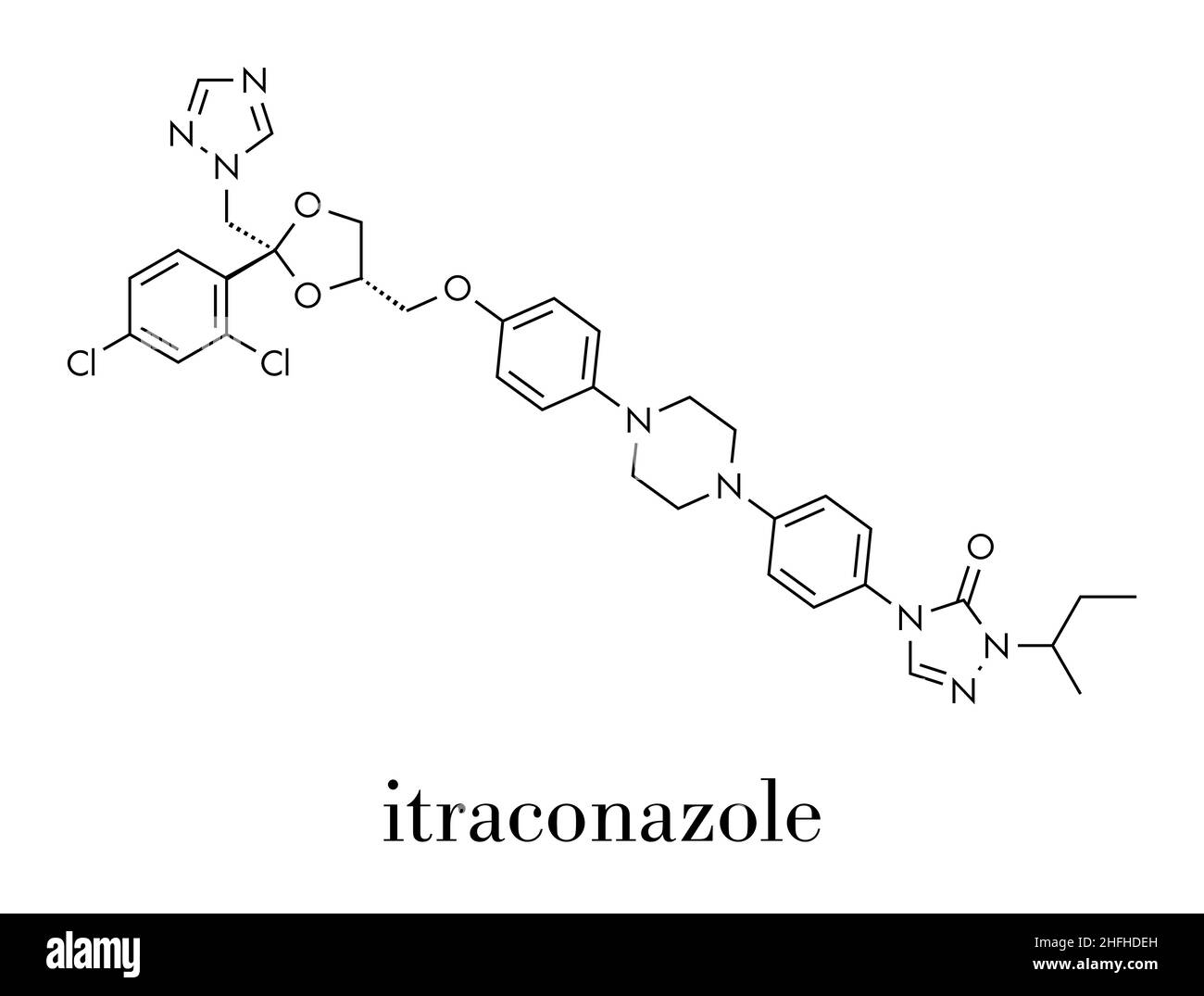 Itraconazole antifungal drug (triazole class) molecule. Skeletal