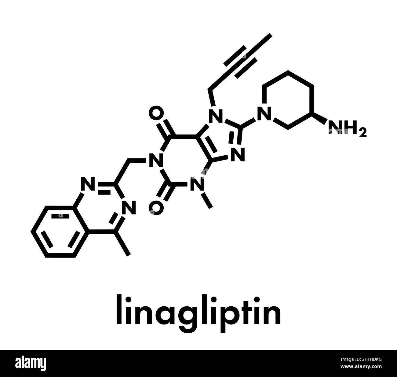 Linagliptin diabetes drug molecule (dipeptidyl peptidase 4 or DPP4 inhibitor). Skeletal formula. Stock Vector