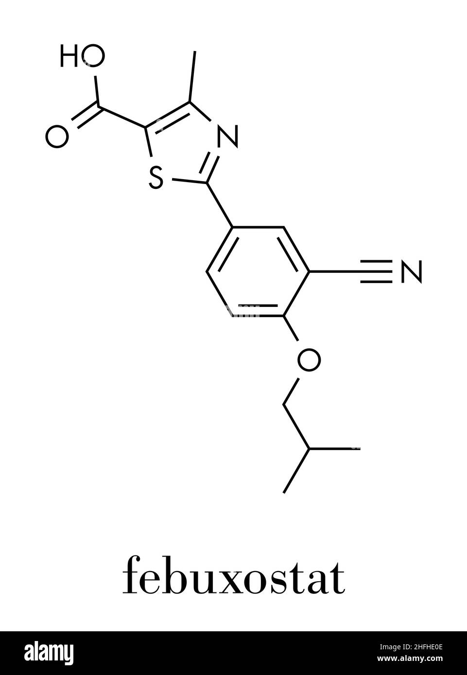 Febuxostat gout drug molecule (xanthine oxidase inhibitor). Skeletal