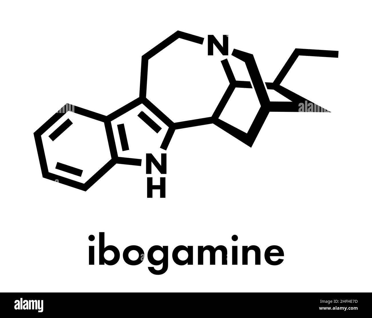 Ibogamine alkaloid molecule, found in Tabernanthe iboga. Skeletal formula. Stock Vector