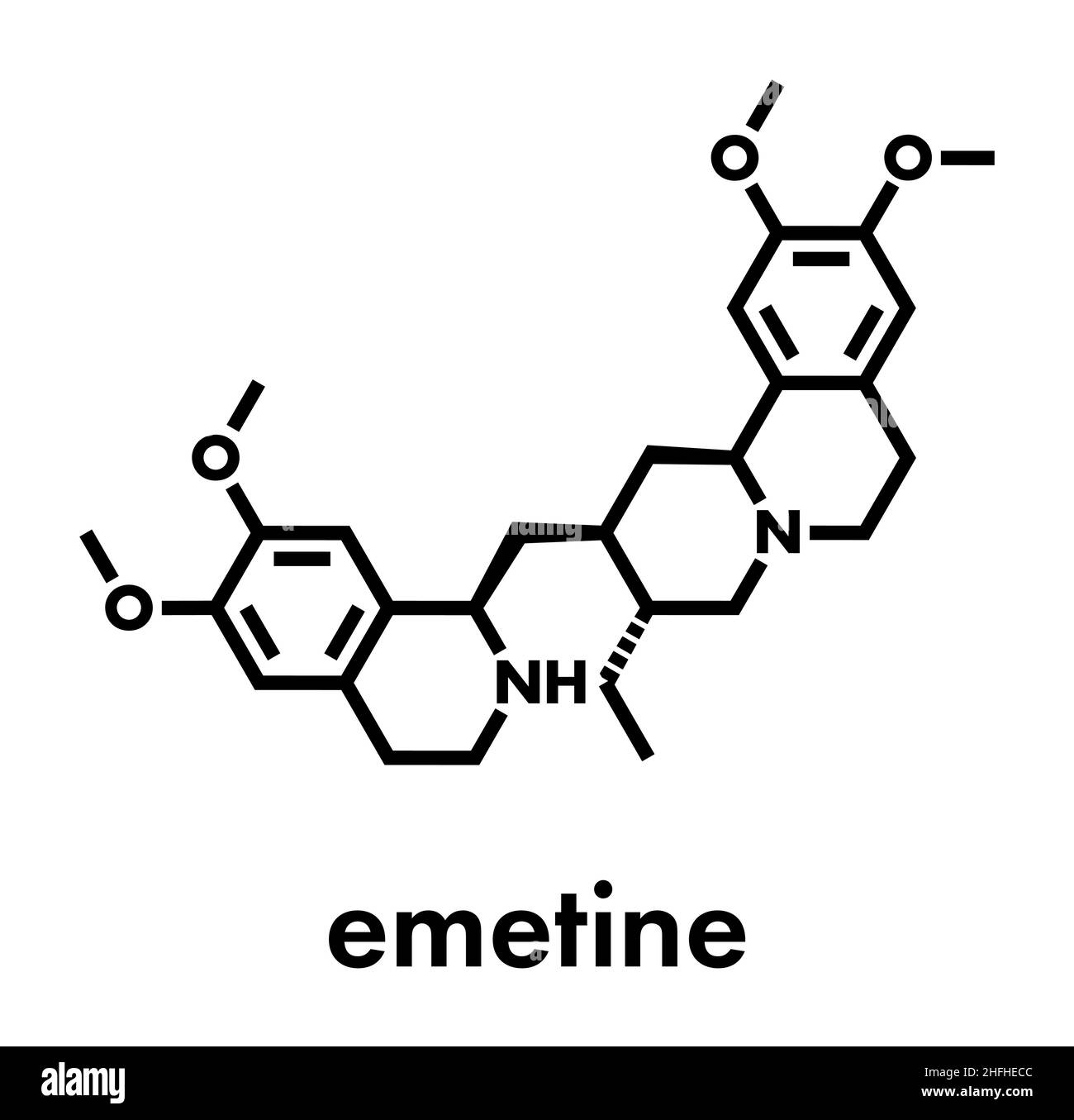 Emetine molecule. Has emetic (induces vomiting) and anti-protozoal properties. Skeletal formula. Stock Vector
