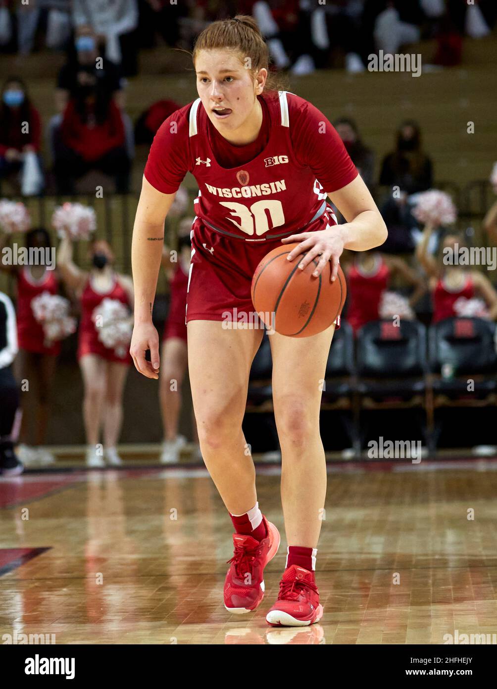 Piscataway, New Jersey, USA. 16th Jan, 2022. Wisconsin Badgers guard Sydney  Hilliard (30) runs a play in the first half between the Wisconsin Badgers  and the Rutgers Scarlet Knights at Jersey Mikes