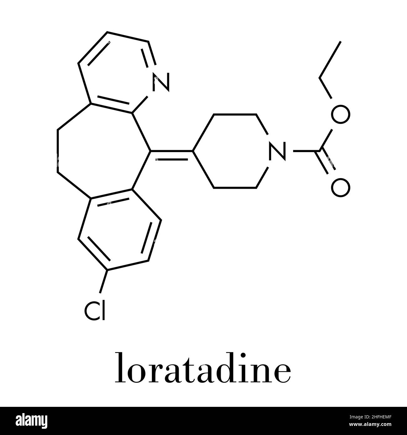 Loratadine antihistamine drug molecule. Used to treat hay fever, urticaria and allergies. Skeletal formula. Stock Vector