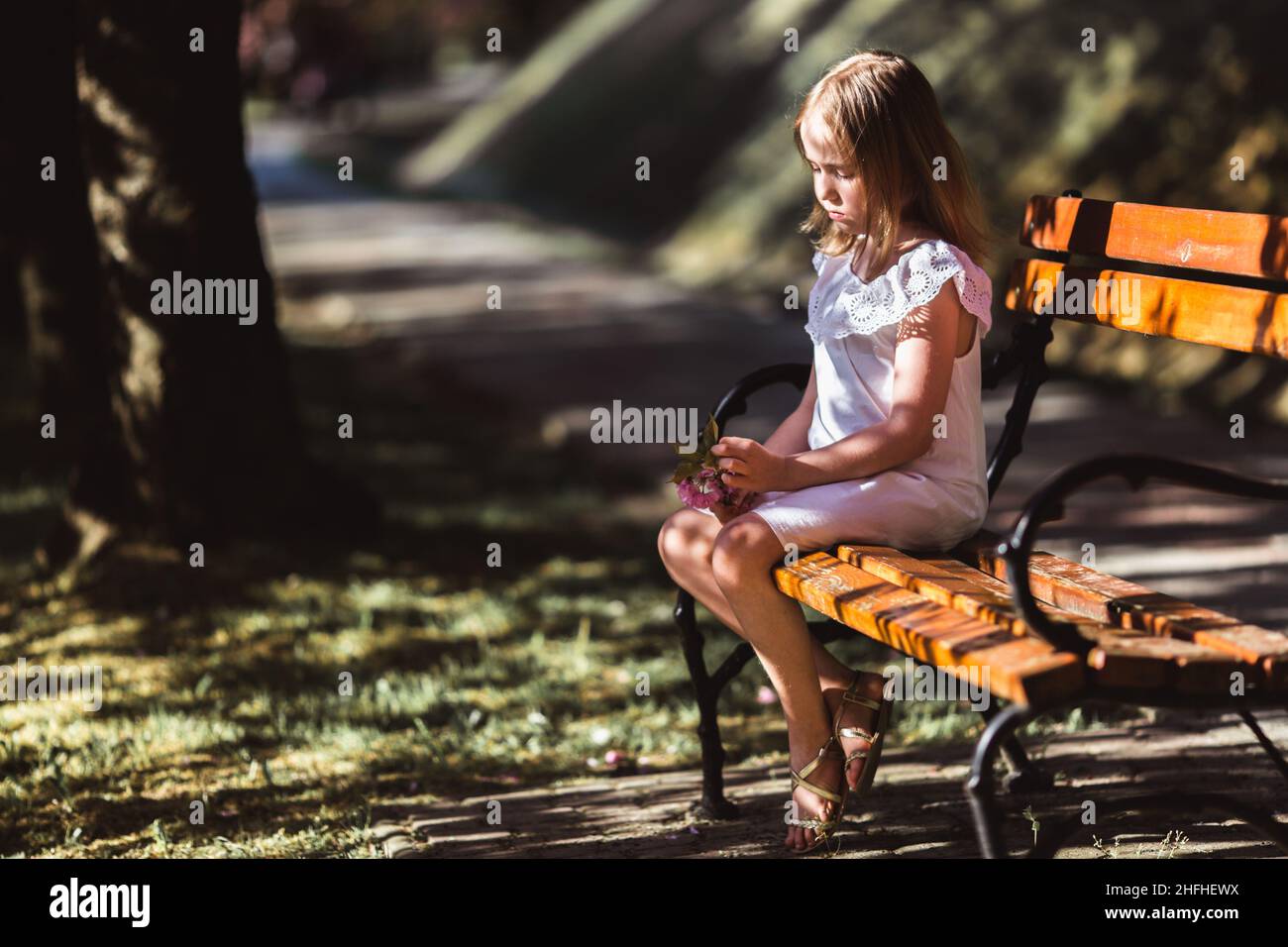 Adorable little girl in white dress sits on a bench in blooming pink ...