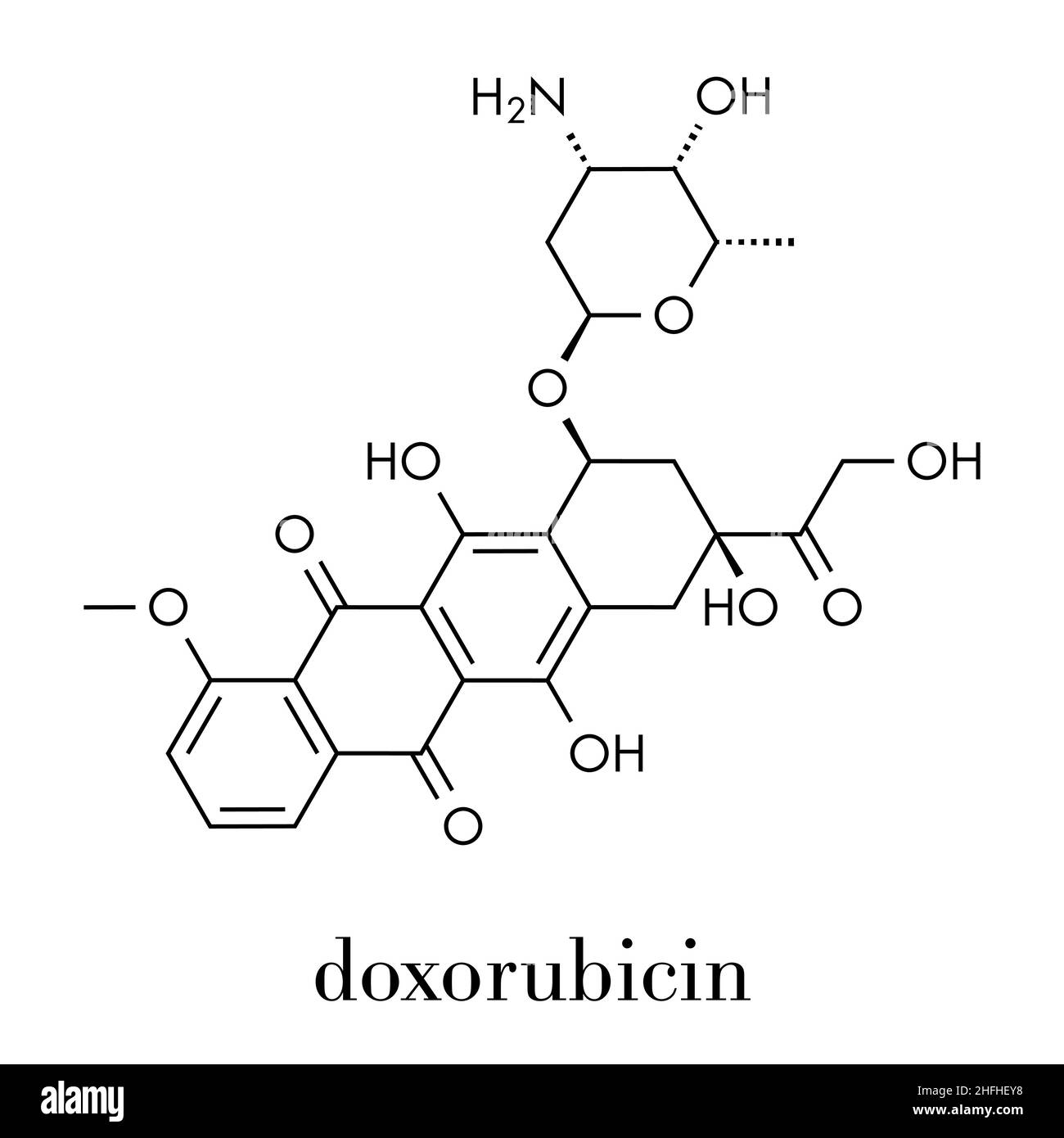 Doxorubicin cancer chemotherapy drug molecule. Skeletal formula. Stock Vector