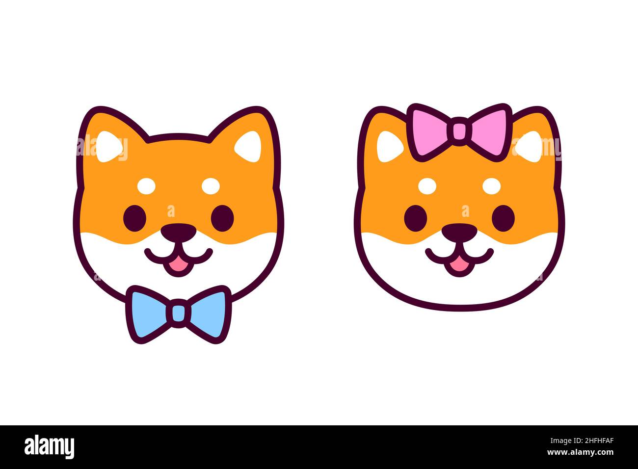 Cute cartoon Shiba Inu puppy couple, boy and girl with blue and pink bow. Kawaii male and female dog icon. Vector illustration for wedding or baby gen Stock Vector
