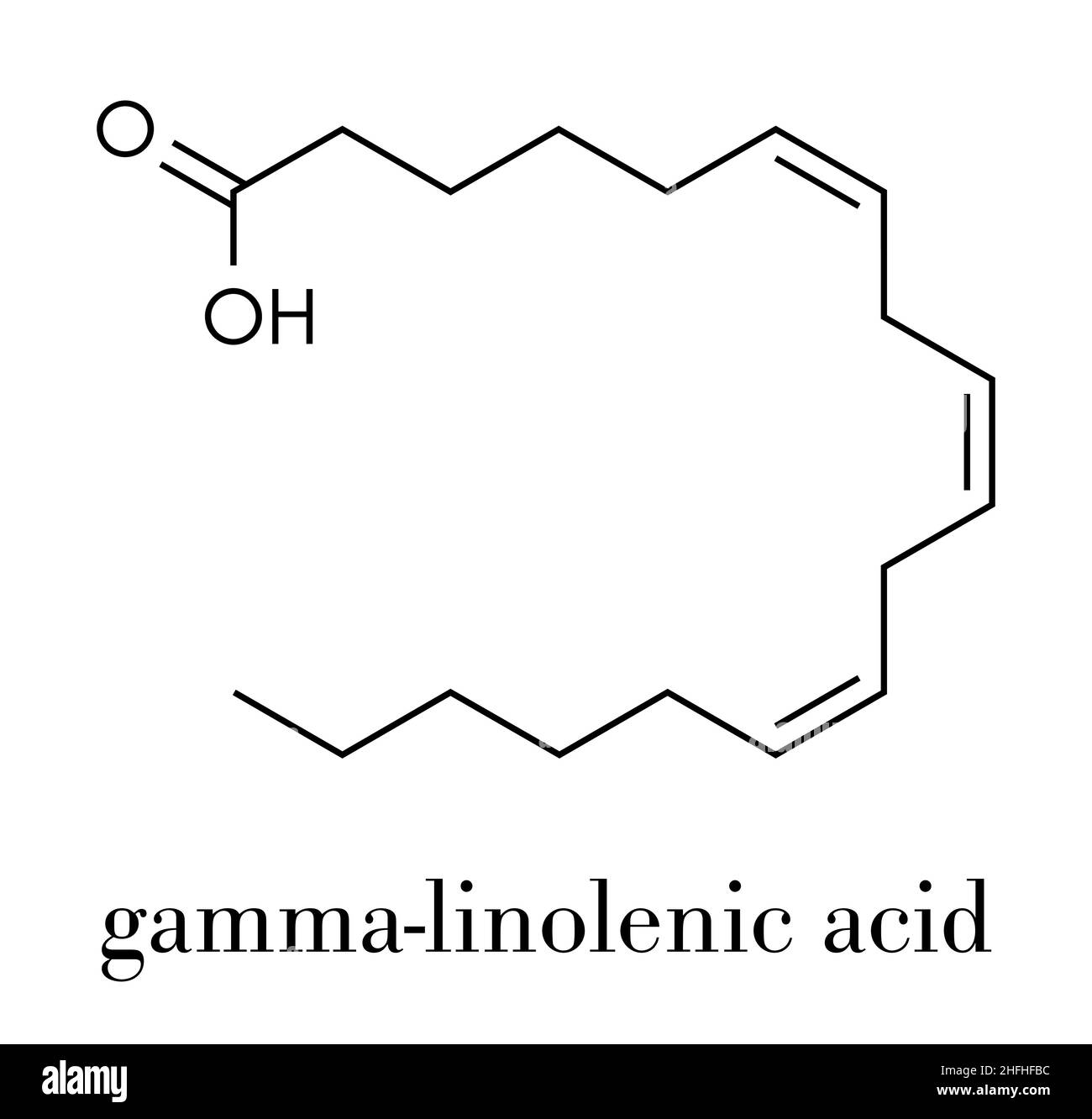 Gamma-linolenic acid (GLA, gamolenic acid) molecule. Omega-6 fatty acid present in many vegetable oils, including evening primrose, chia, hemp and bor Stock Vector