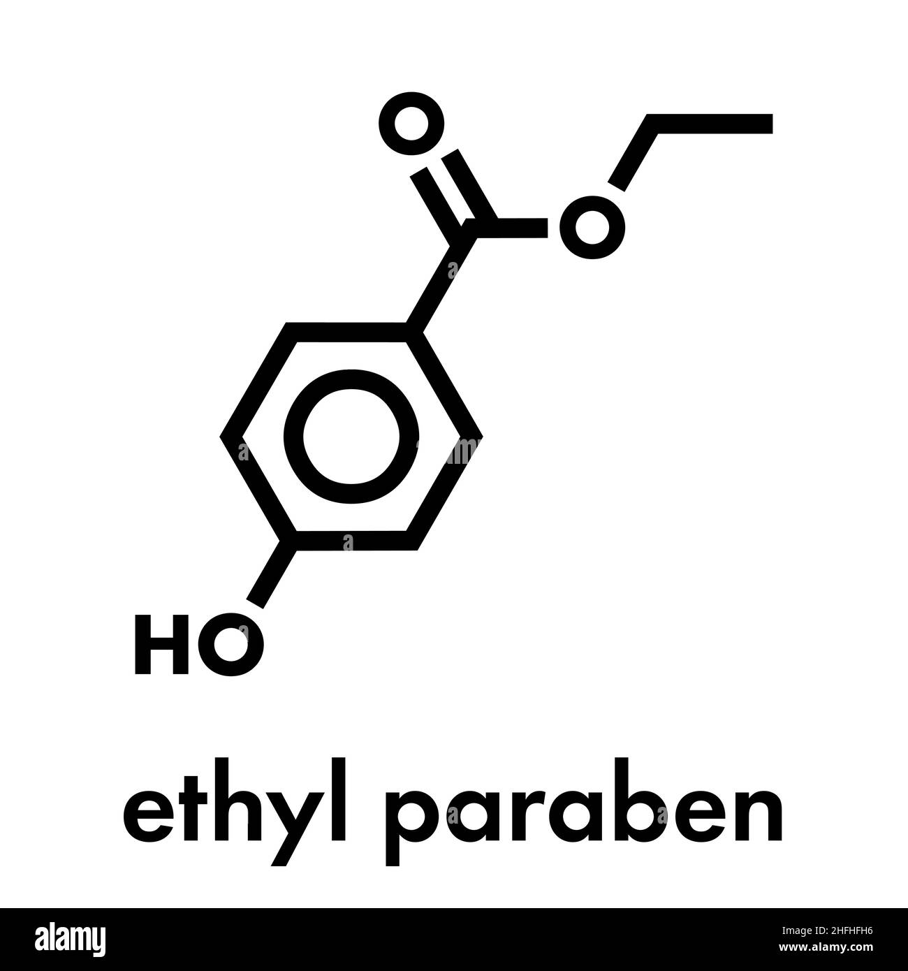 Ethyl paraben (ethyl para-hydroxybenzoate) preservative molecule. Skeletal formula. Stock Vector