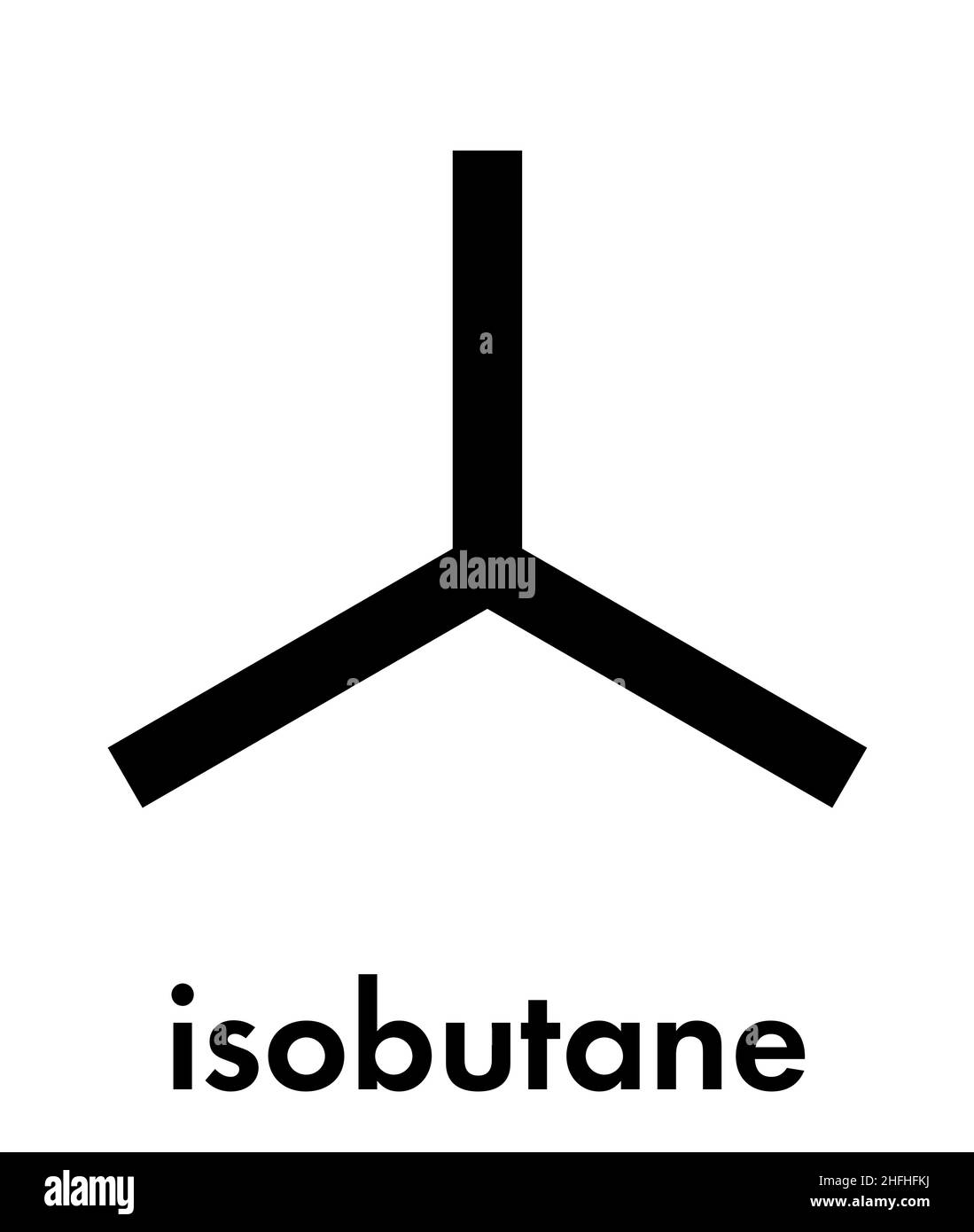 Isobutane (i-butane, methylpropane) alkane molecule. Used as refrigerant (in freezers and refrigerators) and as propellant (in aerosol sprays). Skelet Stock Vector