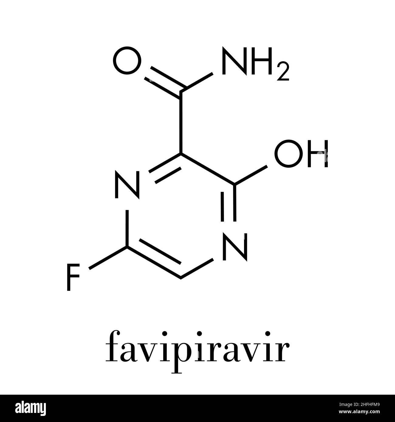 Favipiravir antiviral drug molecule. Used in treatment of Ebola virus. Skeletal formula. Stock Vector