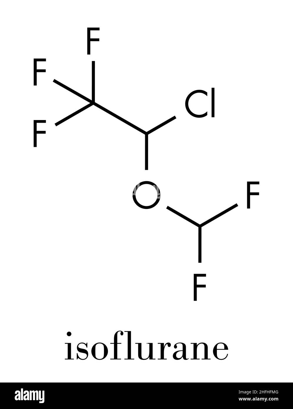 Isoflurane anesthetic drug molecule. Used for inhalational anesthesia during surgery. Skeletal formula. Stock Vector
