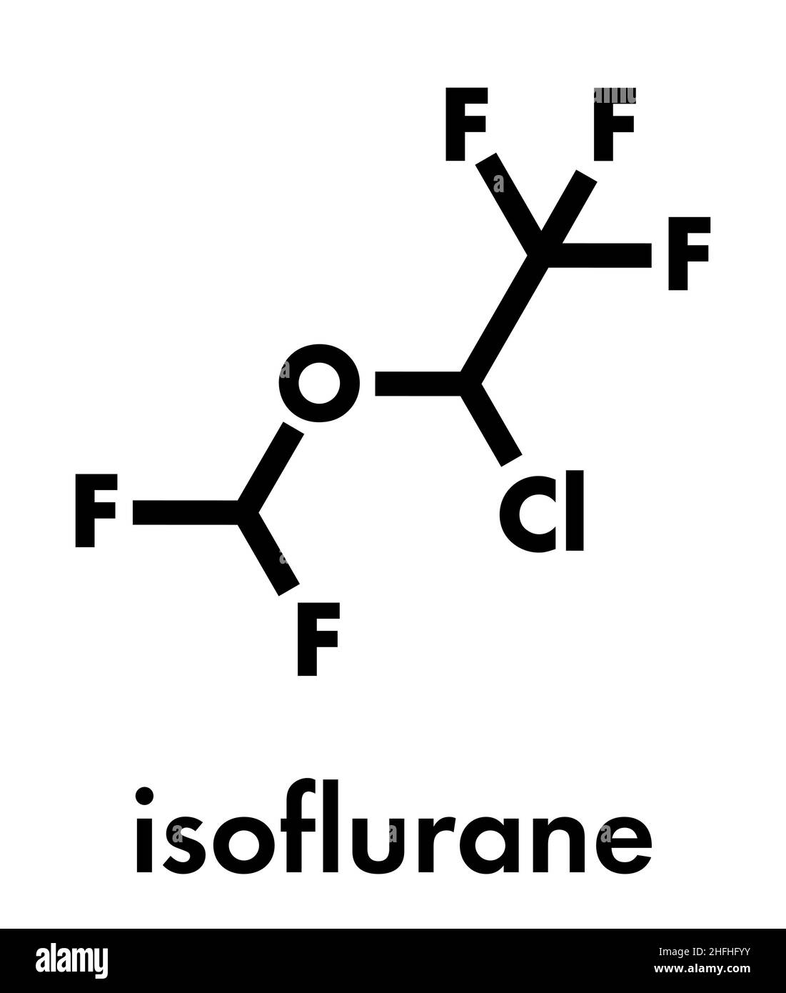 Isoflurane anesthetic drug molecule. Used for inhalational anesthesia during surgery. Skeletal formula. Stock Vector