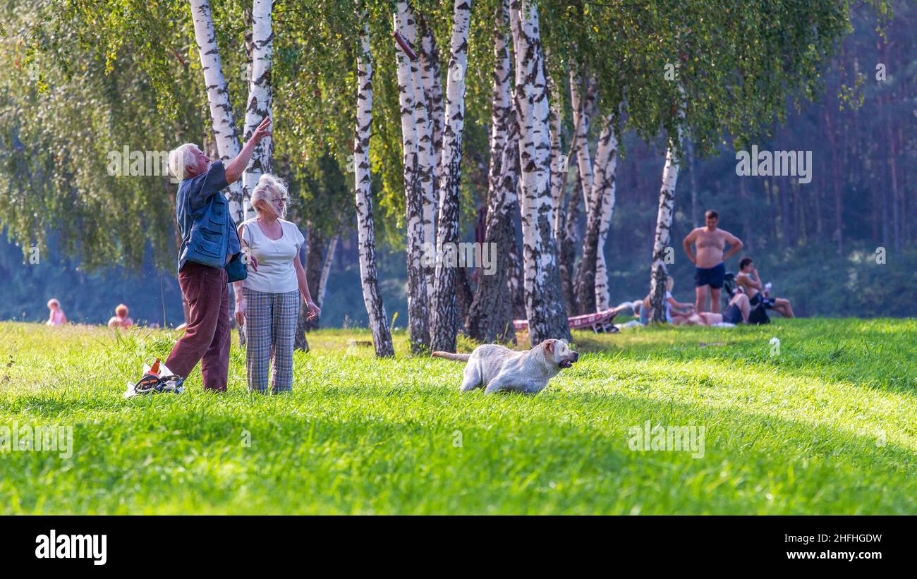 An elderly couple playing with their dog on a warm summer day Stock