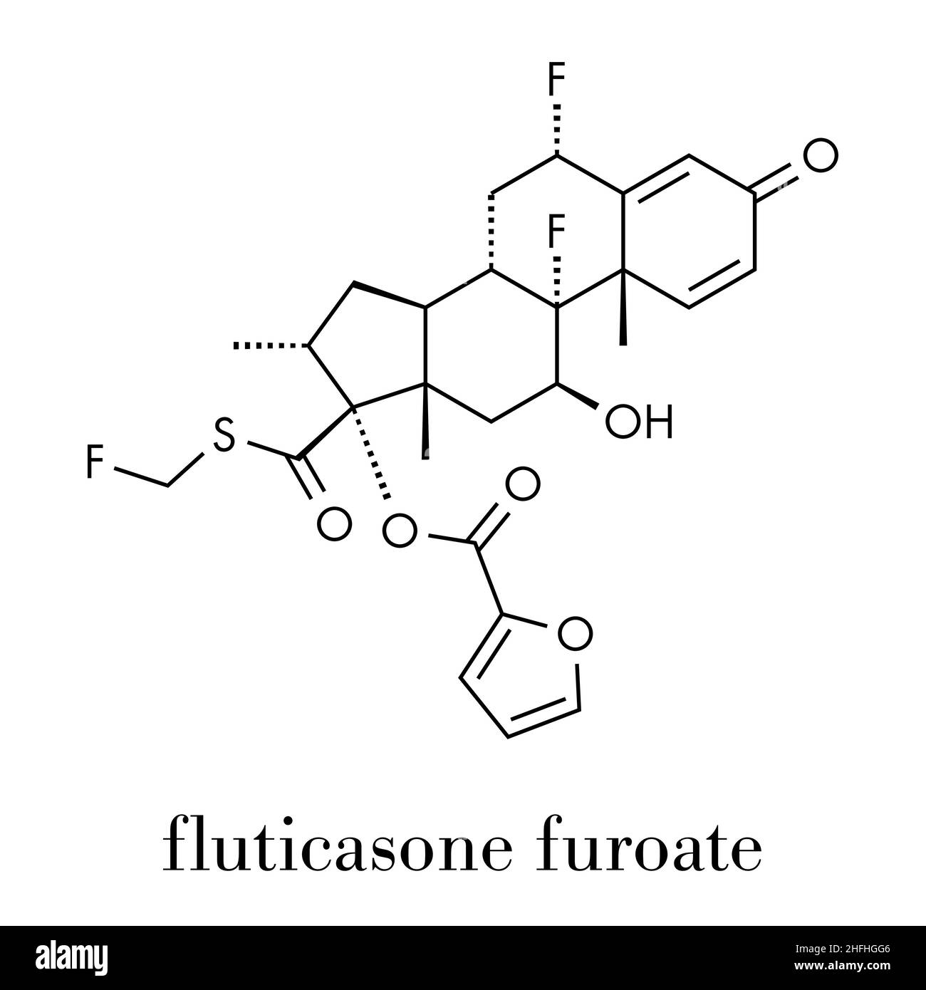 Fluticasone furoate corticosteroid drug molecule. Used in treatment of allergic rhinitis, COPD and chronic bronchitis. Skeletal formula. Stock Vector