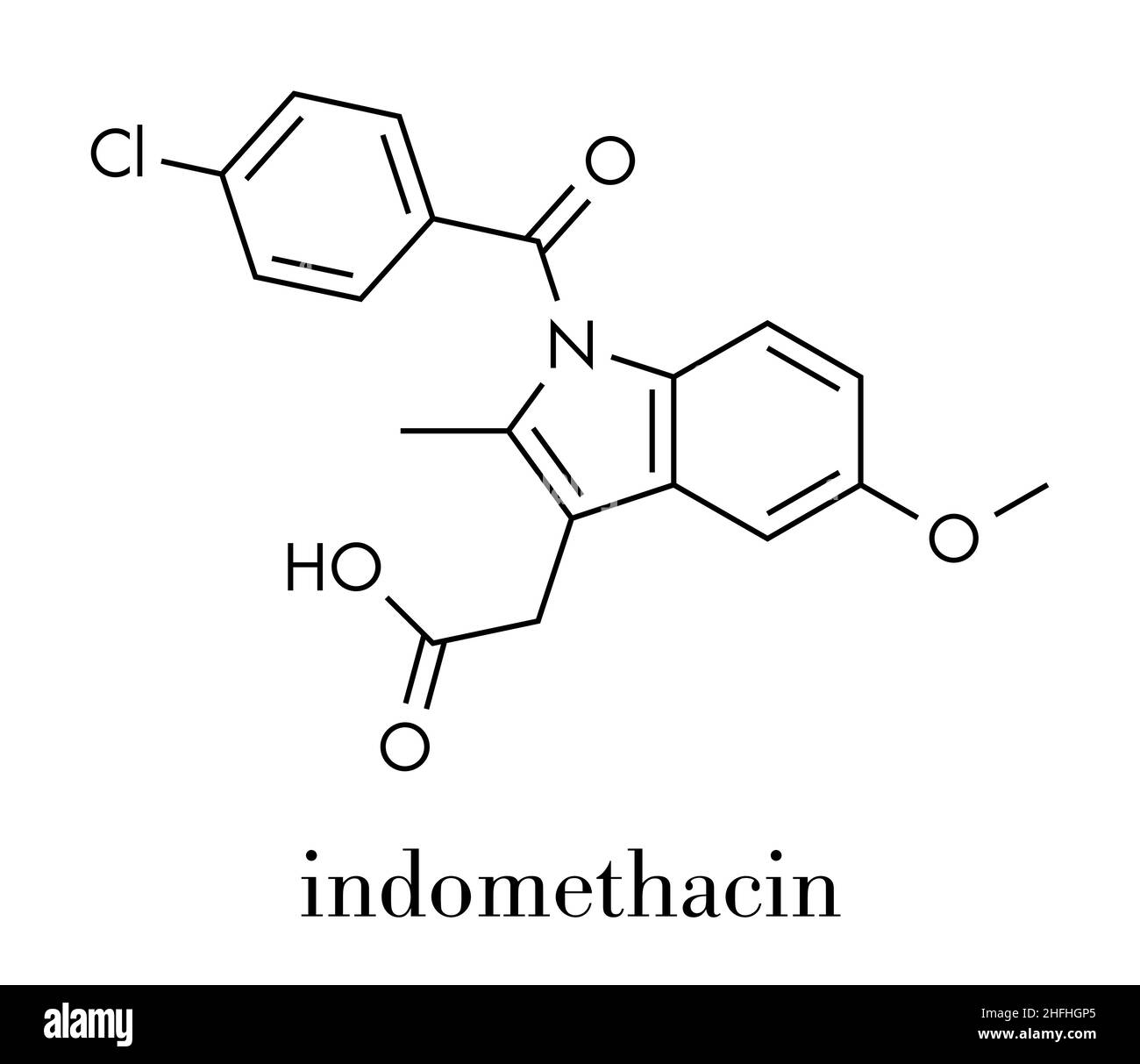 Indomethacin (indometacin) non-steroidal anti-inflammatory drug (NSAID) molecule. Skeletal formula. Stock Vector