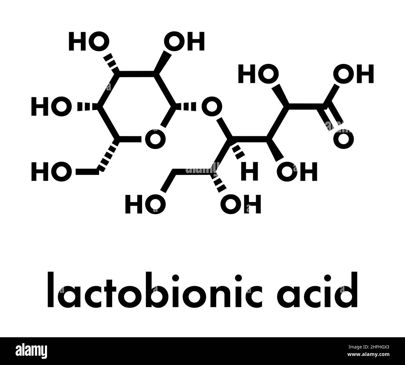 Lactobionic acid (lactobionate) molecule. Commonly used additive in food products, medicinal products and cosmetics. Skeletal formula. Stock Vector