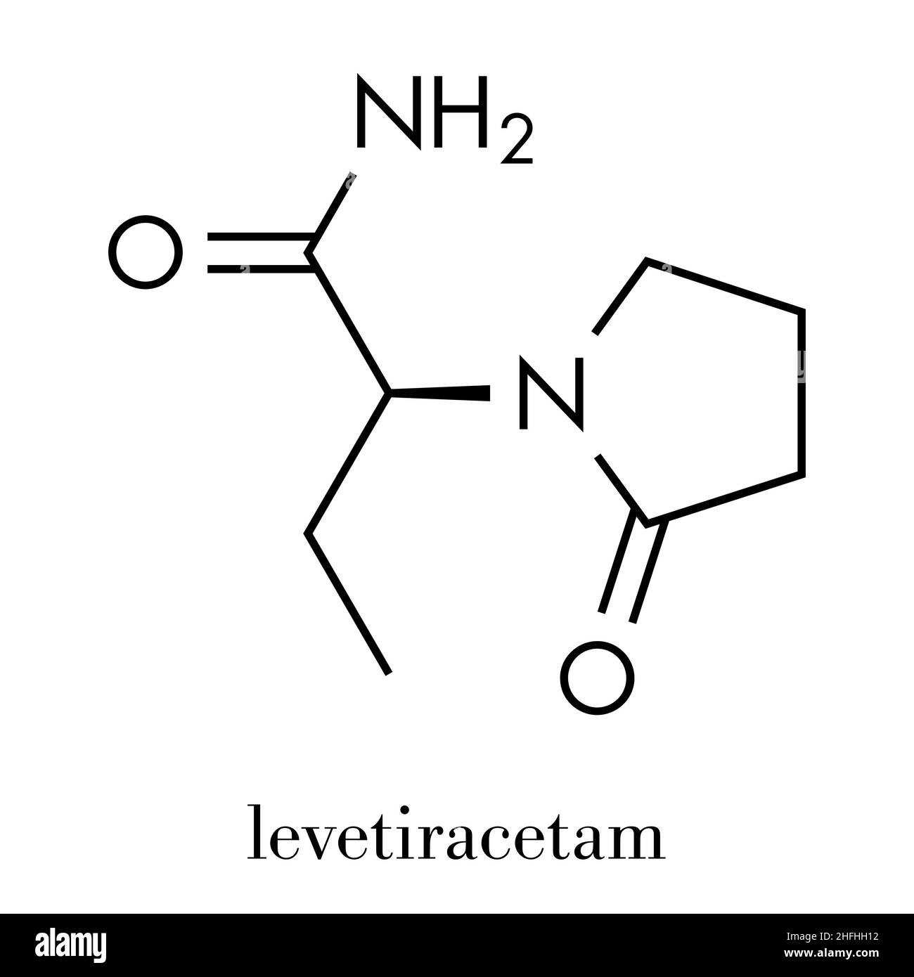 Levetiracetam epilepsy (seizures) drug molecule. S-isomer of etiracetam. Skeletal formula. Stock Vector