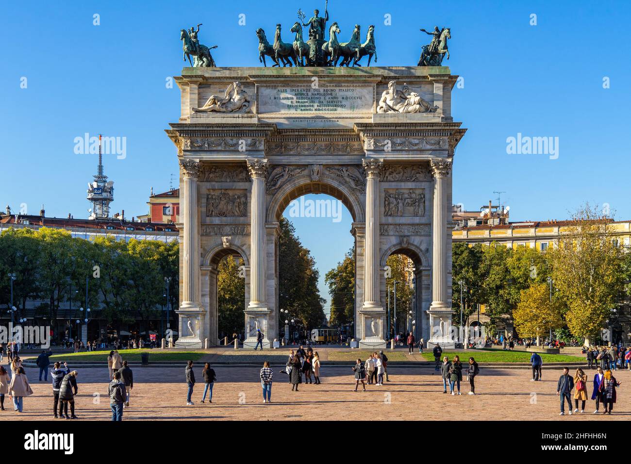 Milan, Italy, Nov. 2021 – Famous historical landmark Arco della Pace (“Arch of Peace”), built in 19th century Stock Photo