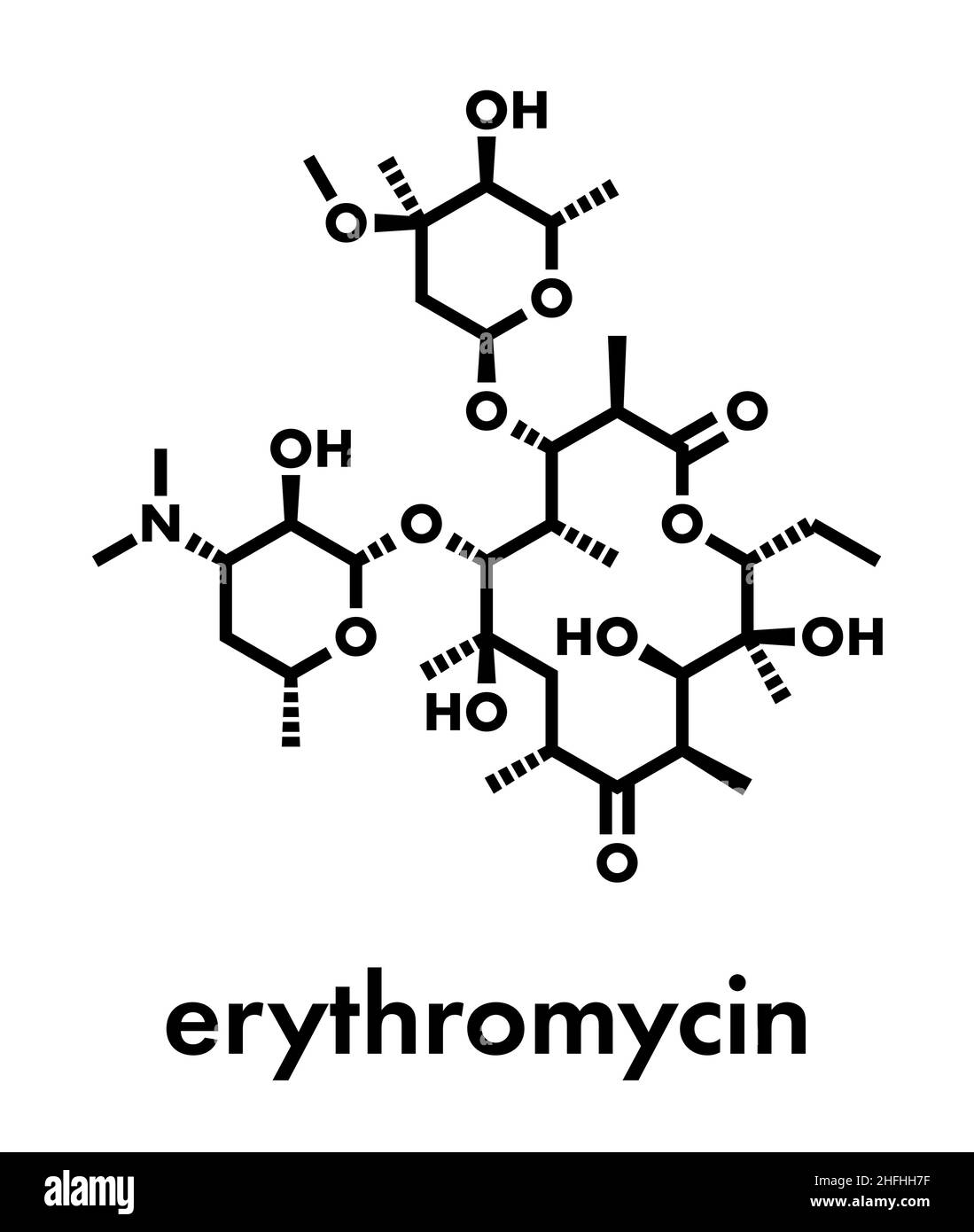 Erythromycin antibiotic drug (macrolide class) molecule. Skeletal