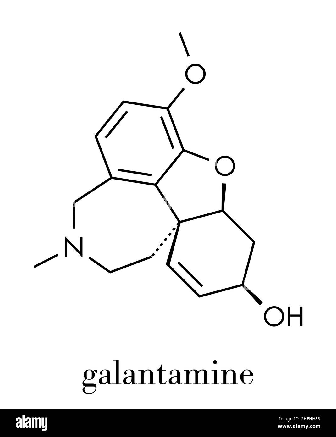 Galantamine alkaloid molecule. Found in Caucasian snowdrop, used in treatment of Alzheimer's disease. Skeletal formula. Stock Vector
