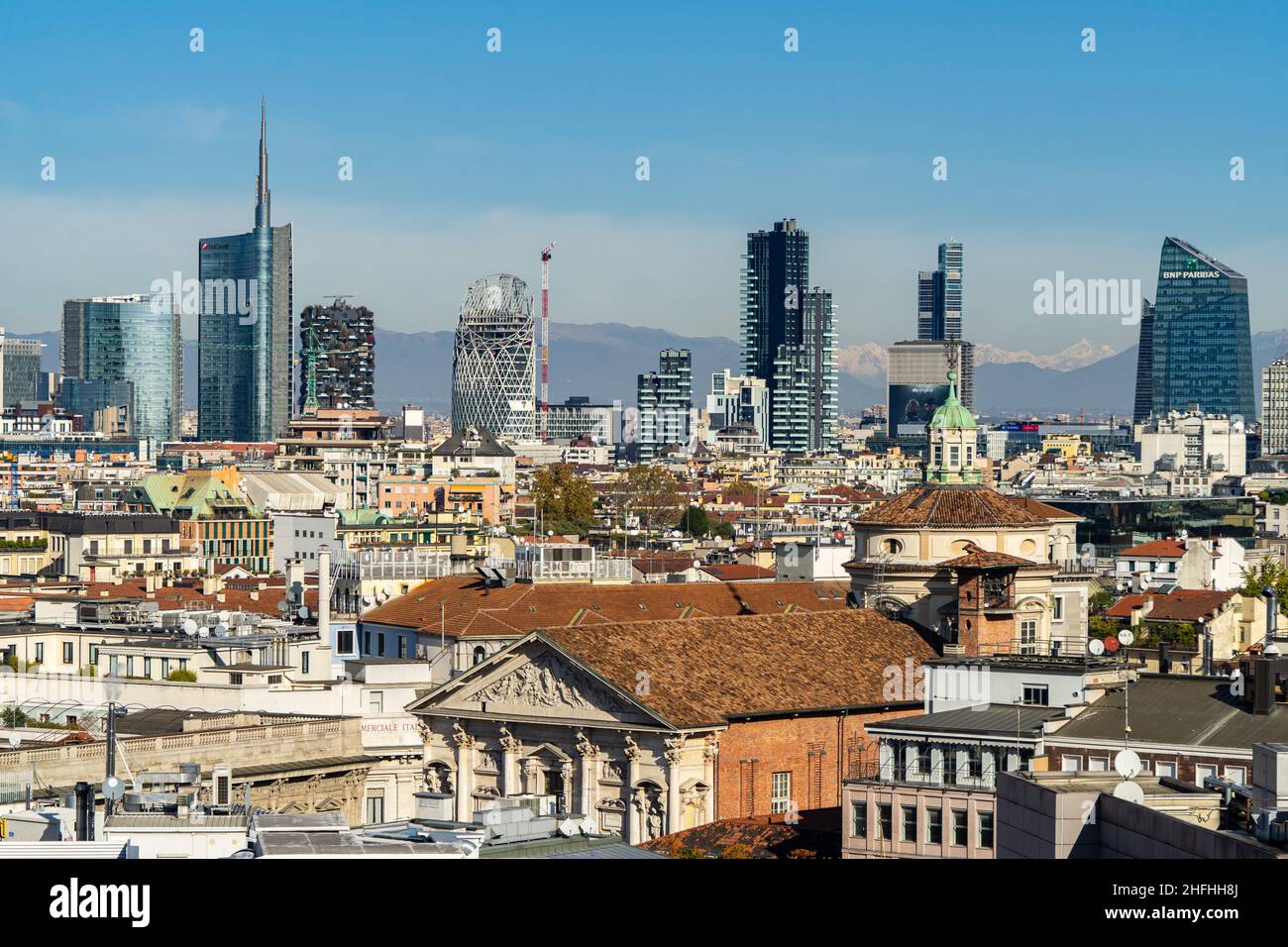 Panoramic view of Milan skyscrapers part of financial district near Porta Garibaldi station, Italy Stock Photo