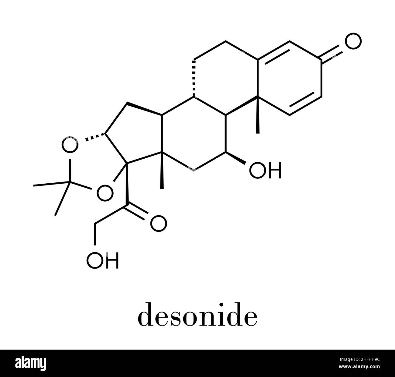 Desonide topical corticosteroid drug molecule. Skeletal formula. Stock Vector
