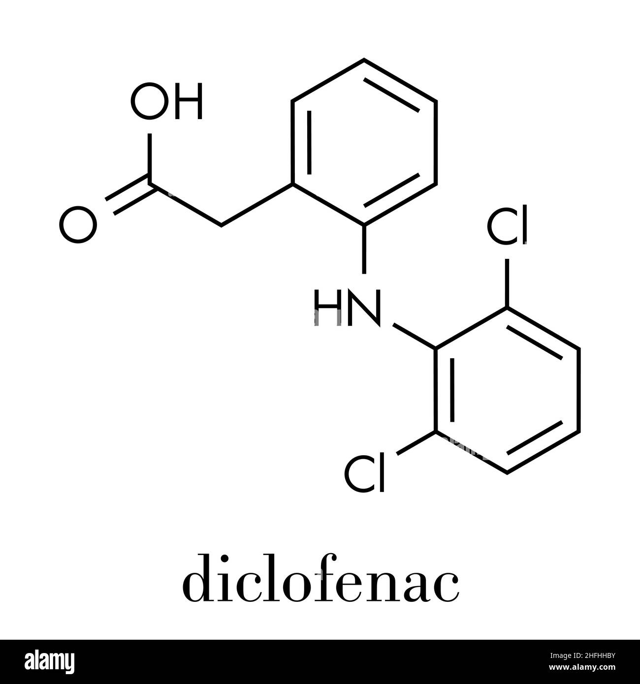 Diclofenac pain and inflammation drug (NSAID) molecule. Skeletal formula. Stock Vector