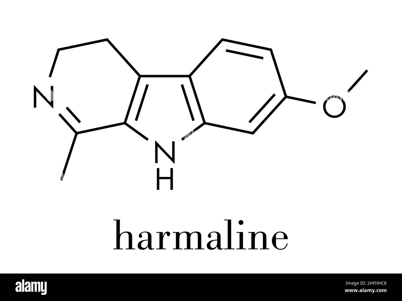 Harmaline indole alkaloid molecule. Found in Syrian rue (Peganum harmala). Skeletal formula. Stock Vector