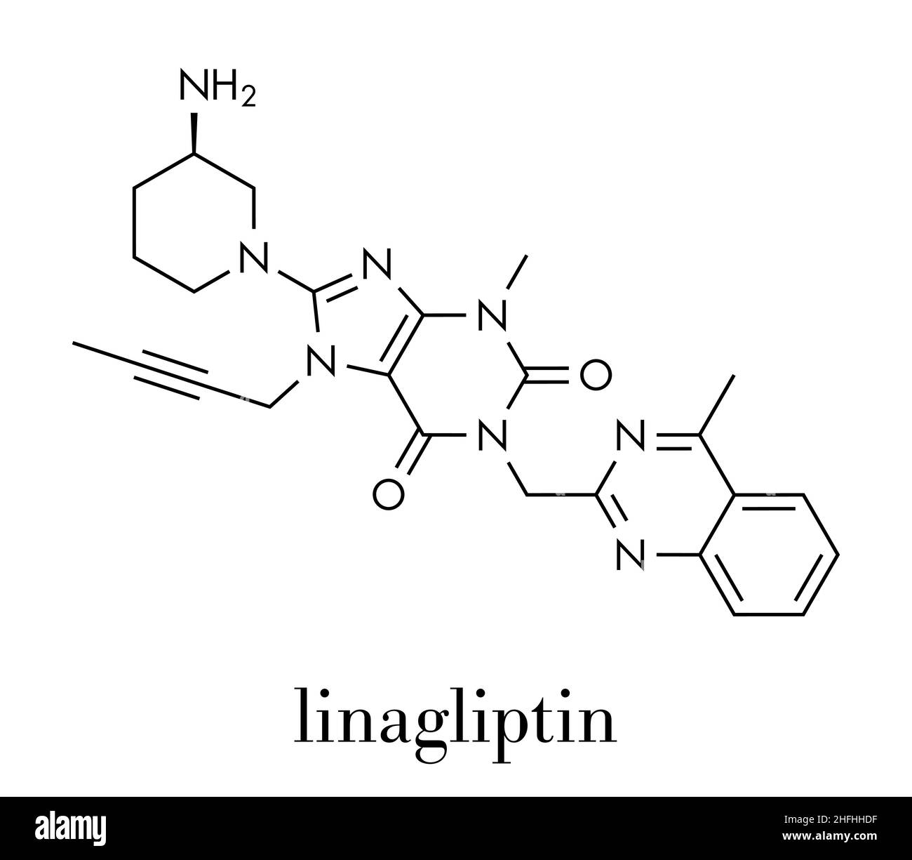 Linagliptin diabetes drug molecule (dipeptidyl peptidase 4 or DPP4 inhibitor). Skeletal formula. Stock Vector