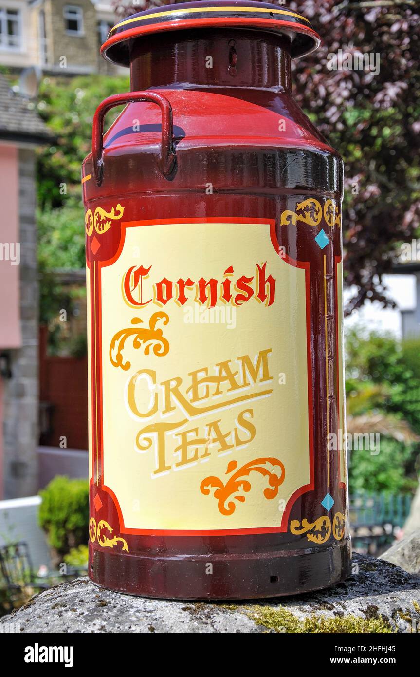 Cornish cream teas milk urn sign, Polperro, Cornwall, England, United