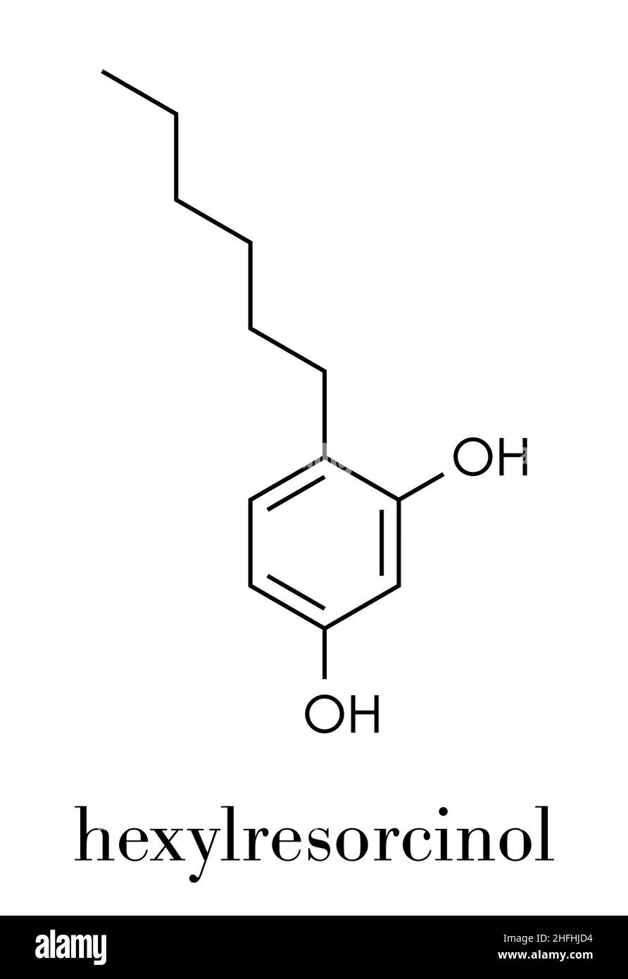 Hexylresorcinol molecule. Has anaesthetic, antiseptic and anthelmintic