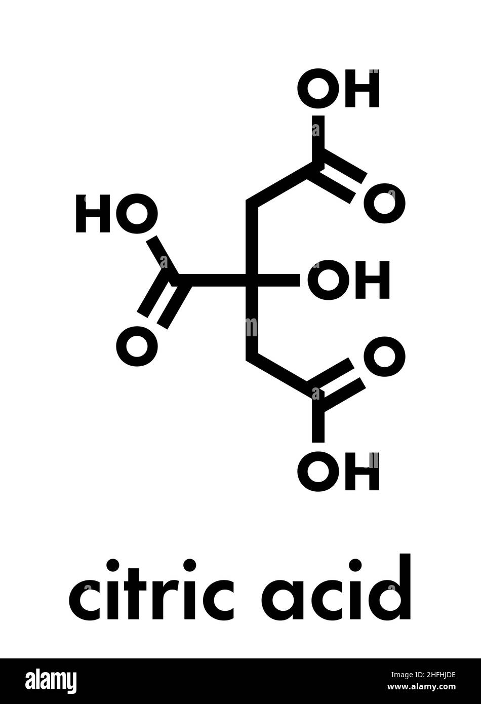 Citric acid molecule. Common fruit acid, used as food additive and for many other purposes. Skeletal formula. Stock Vector