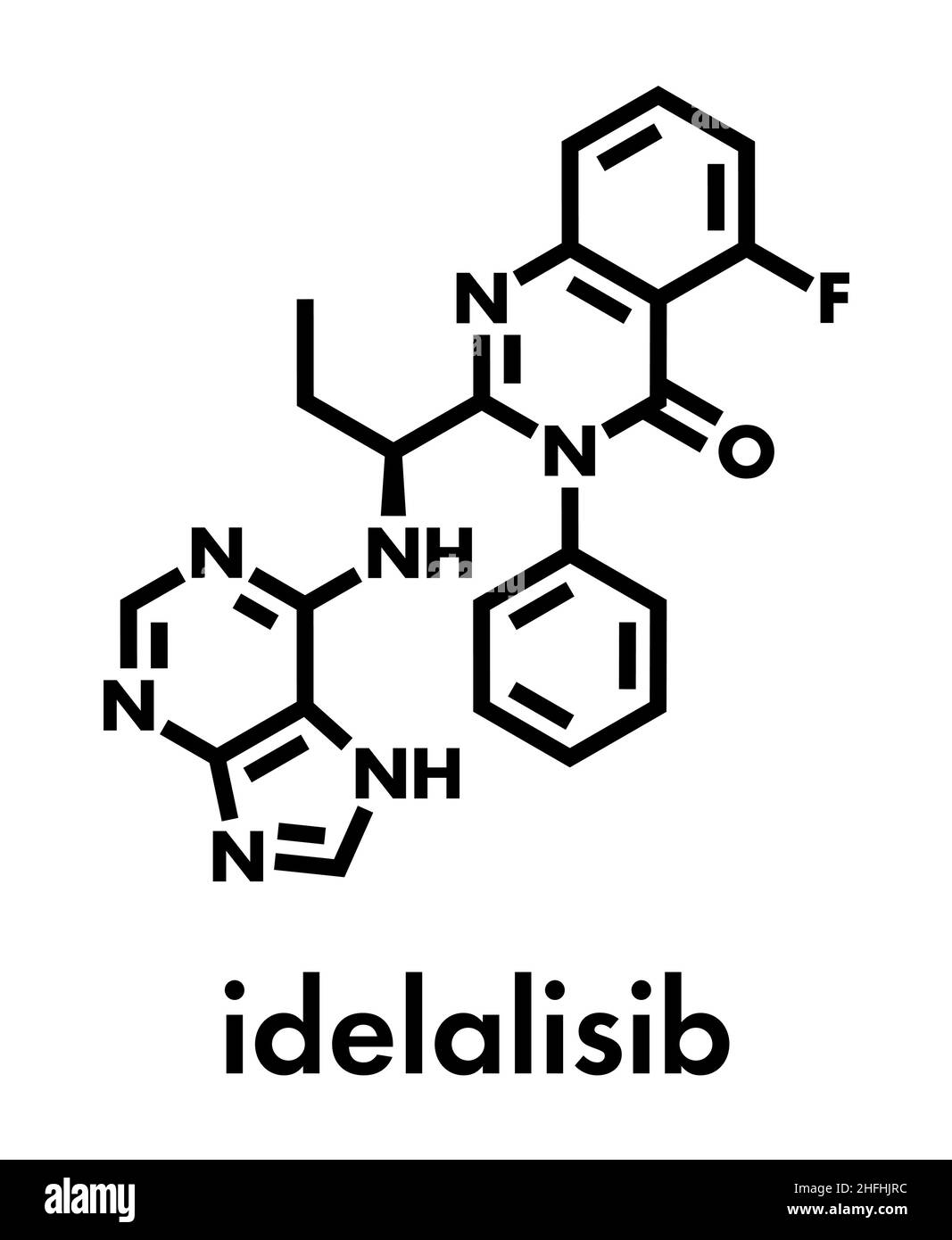 Idelalisib leukemia drug molecule. Inhibitor of phosphoinositide 3 ...