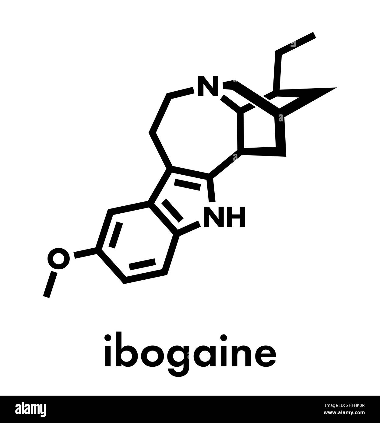Ibogaine alkaloid molecule, found in Tabernanthe iboga. Skeletal formula. Stock Vector