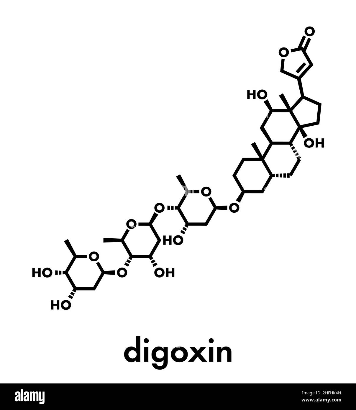 digoxin heart failure drug molecule. Extracted from foxglove plant