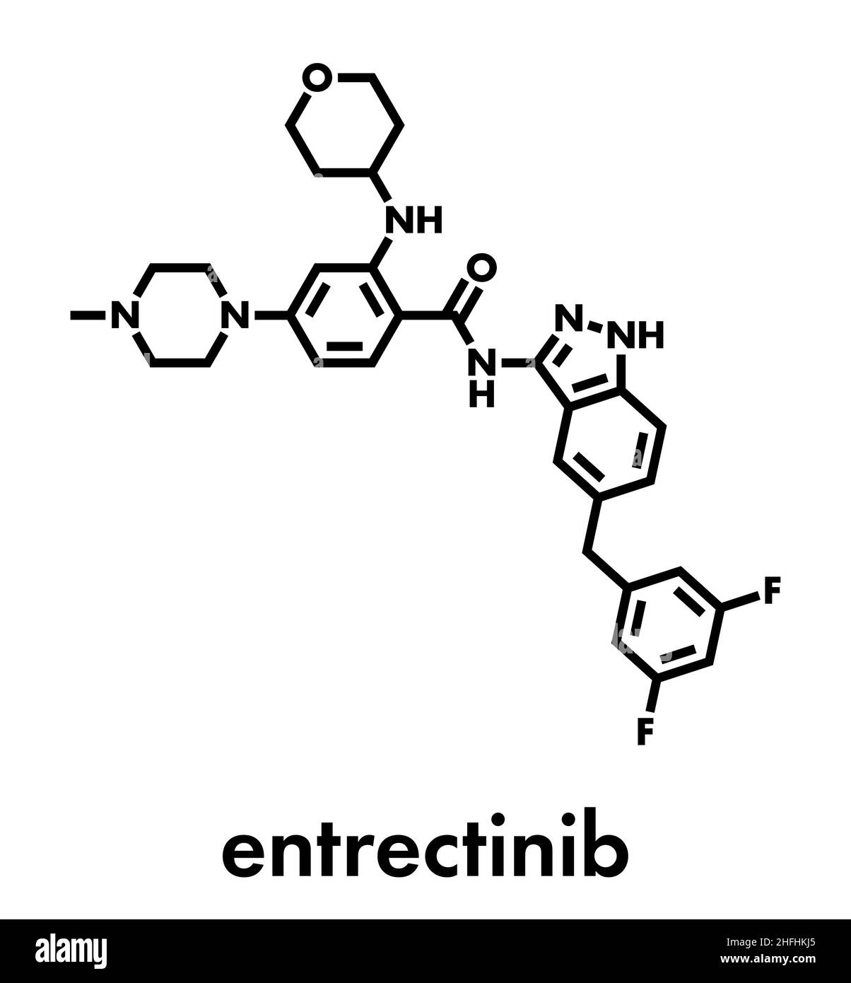 Entrectinib cancer drug molecule. Skeletal formula. Stock Vector